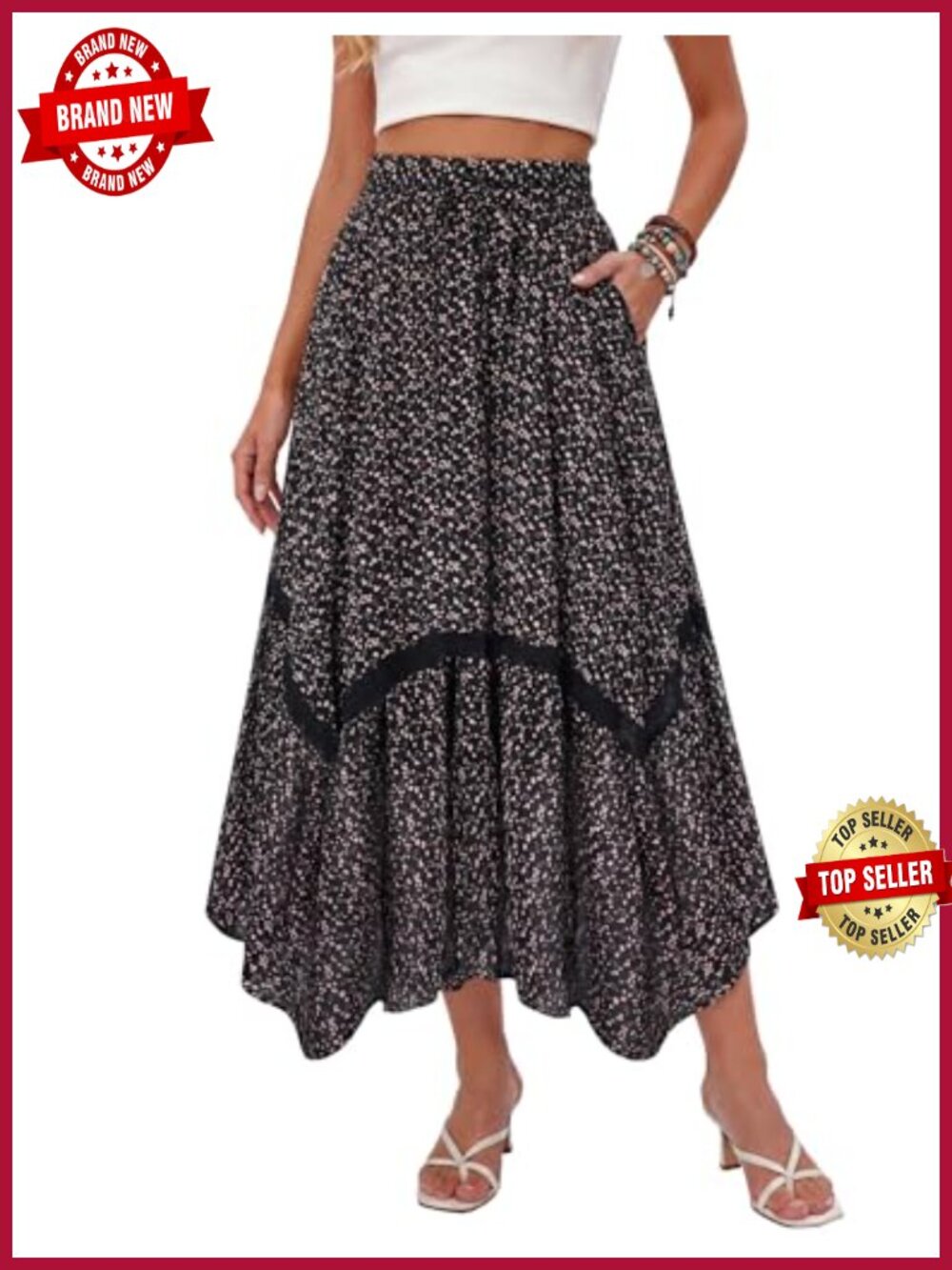 Women's Boho Maxi Skirt A-Line High Waist Elastic Long Skirt with Pockets